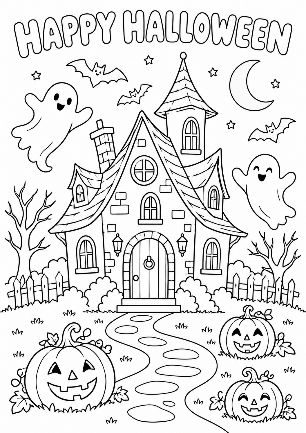 Black-and-white haunted house with smiling ghosts and pumpkins